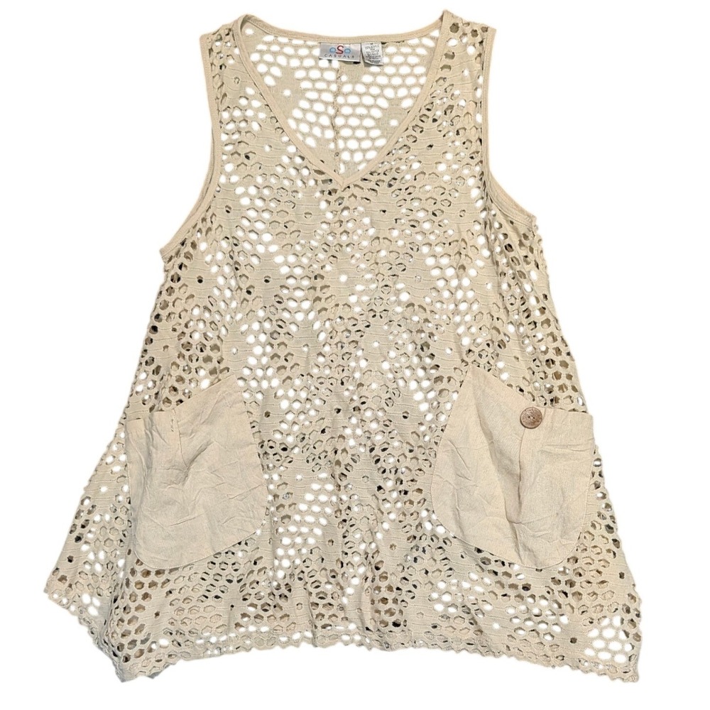 Oso Casuals Womens Med Cream Open Knit Crochet V-Neck Asymmetrical Tunic CoverUp